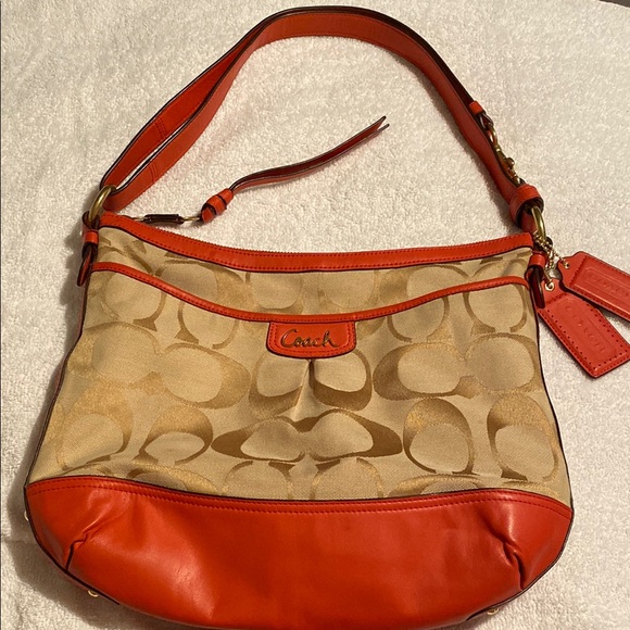 Coach Orange and Tan Signature Shoulder Bag - Picture 1 of 11